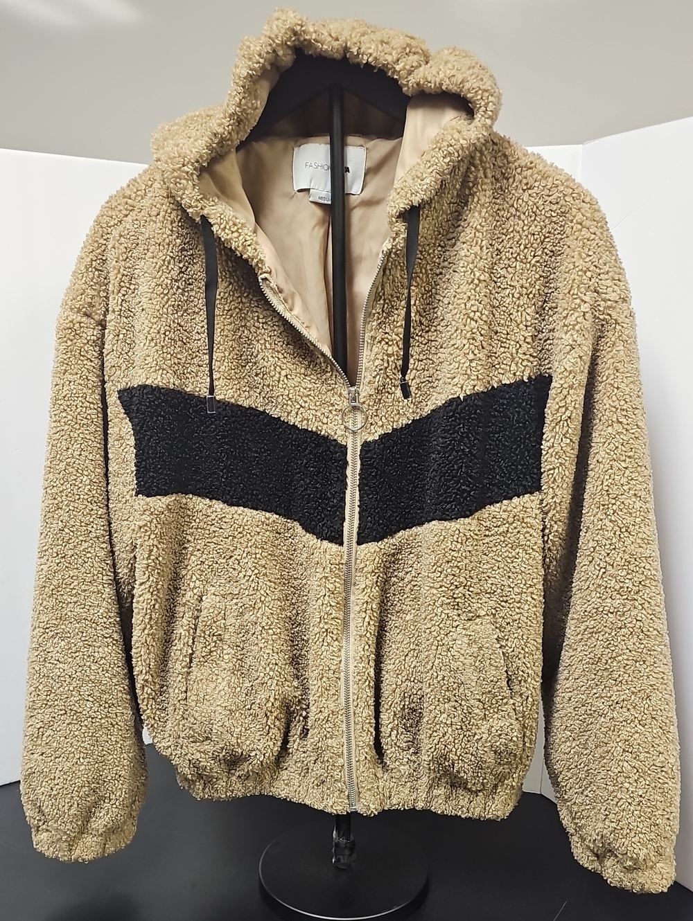 Fashion Nova Beige Faux-Sherpa Hooded Bomber with Black Chevron